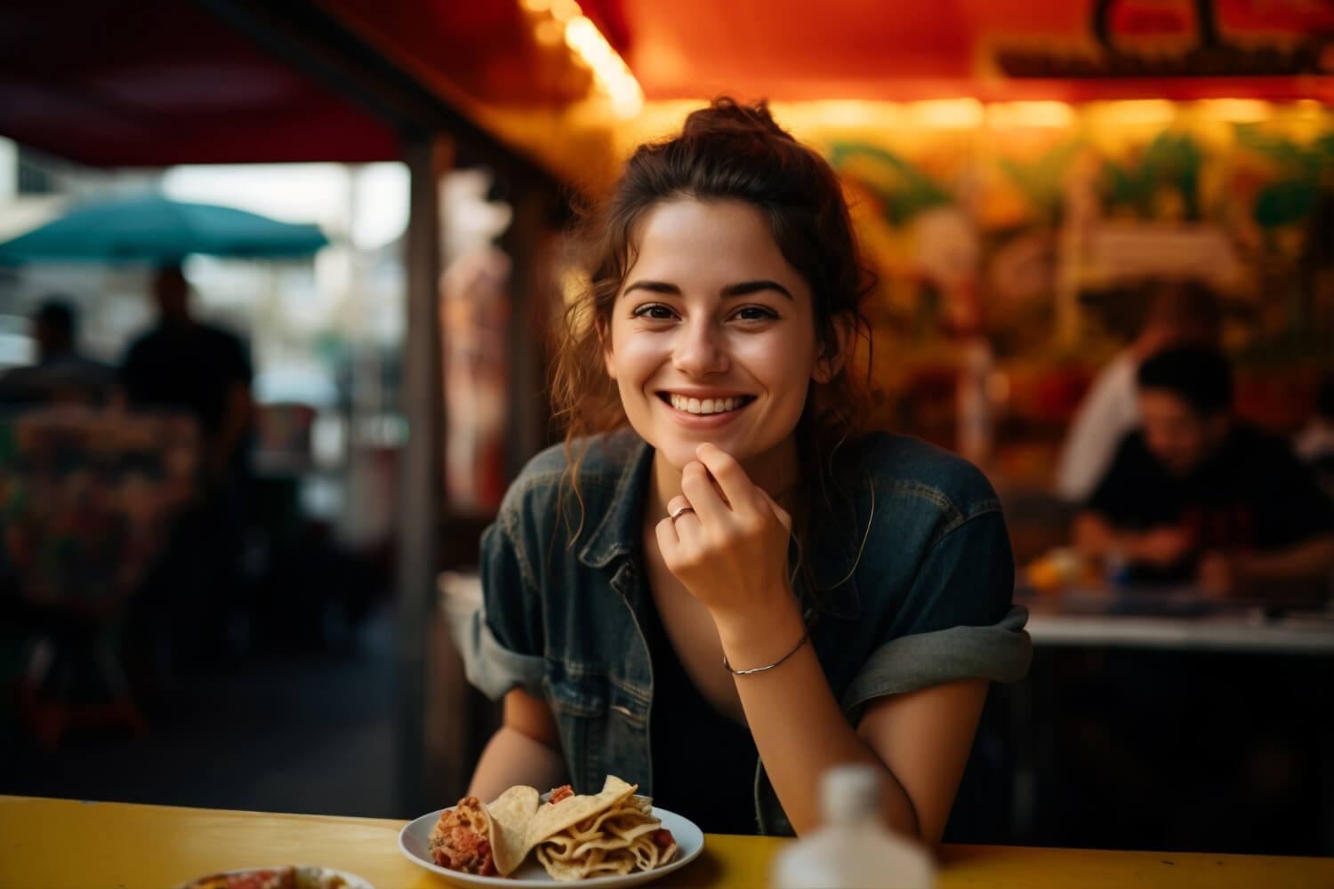 Mulher jovem sorrindo à mesa com comida mostra que implante dentário não tem cárie na Perrella Odontologia em São Caetano do Sul.