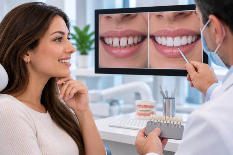 Dentista mostra planejamento de dentes fixos sobre implantes para paciente sorrindo na Perrella Odontologia em São Caetano do Sul.